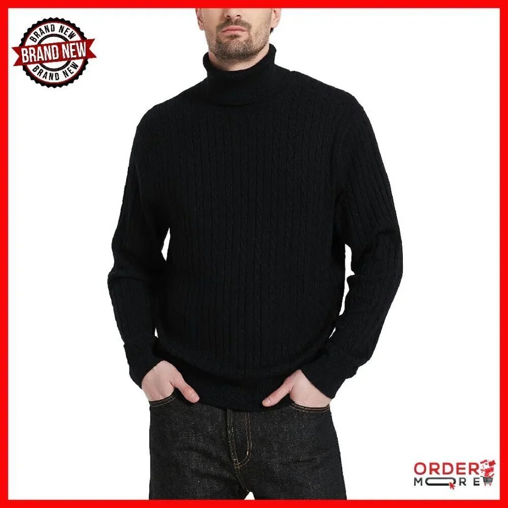 Men's Lightweight Wool Blend Cable-Knit Turtleneck Pullover Sweater